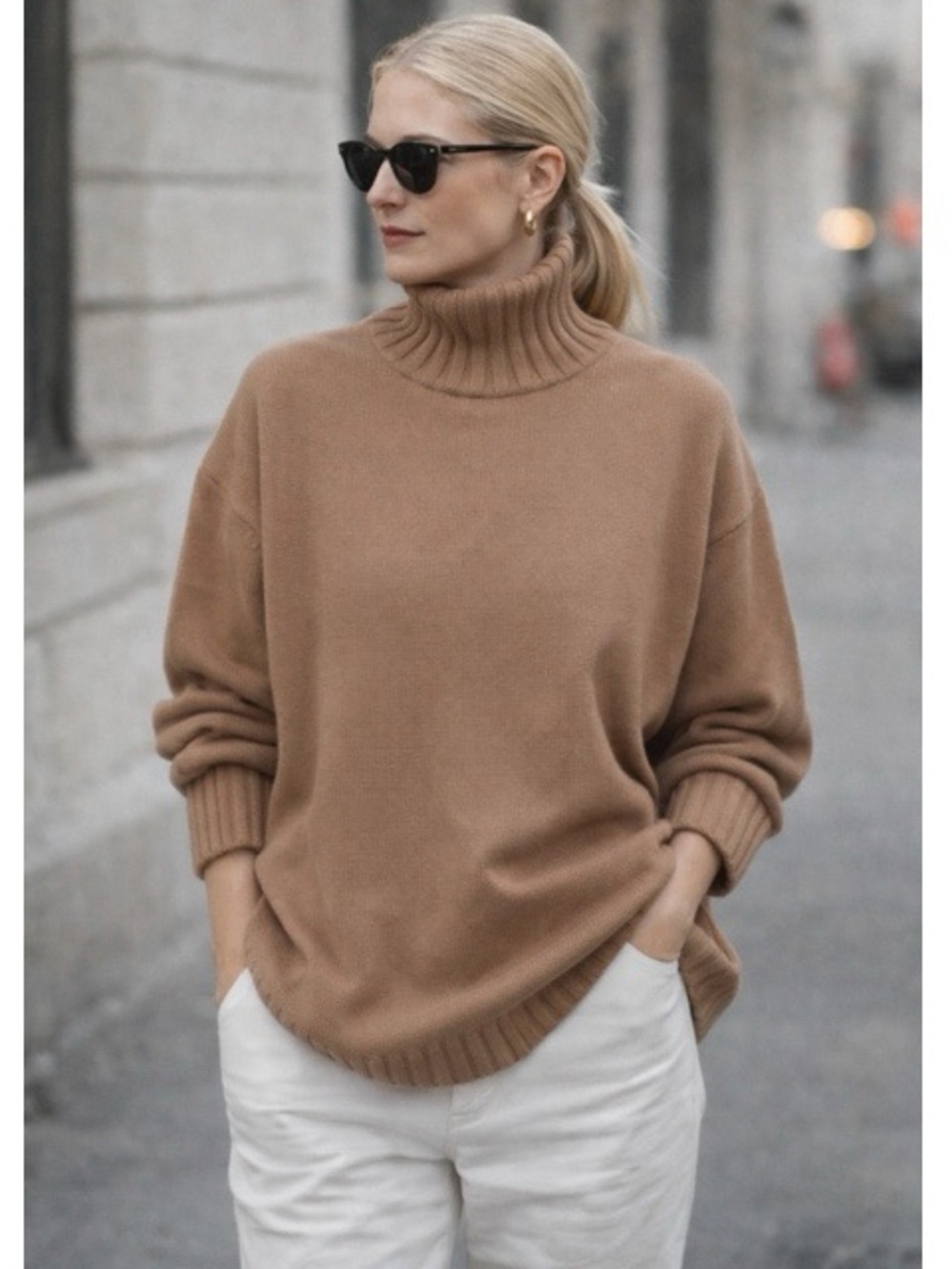 P.T. International Camel Cotton Ribbed Turtleneck Sweater